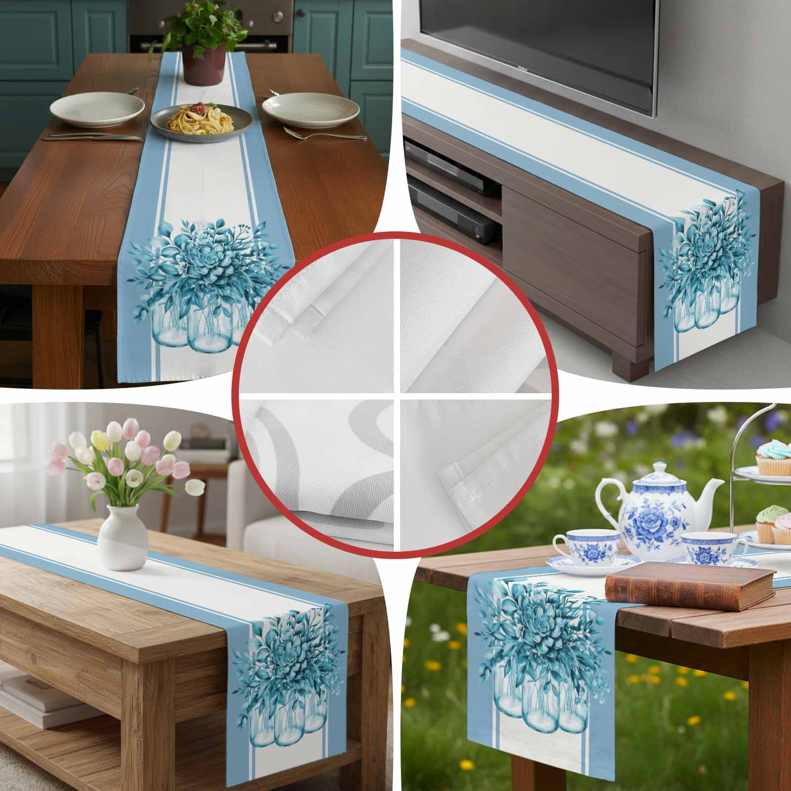 Country Teal Flower Botanical Table Runner 90 Inches Long, Modern Watercolor Stripes Table Runners Tabletop Scarf Kitchen Dining Tables Decoration for Home Party Indoor Outdoor