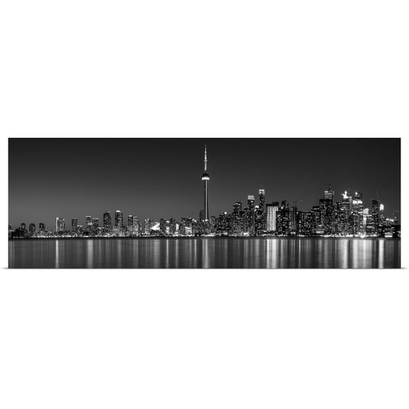 Great BIG Canvas | Rolled Circle Capture Poster Print entitled Toronto City Skyline with CN Tower, at Night, Black and White
