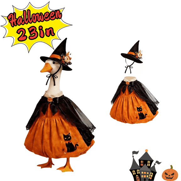 Halloween Witch Pumpkin Goose Outfit for 23-Inch Porch Goose – Outdoor Yard and Garden Decoration Dress with Hat for Patio and Lawn