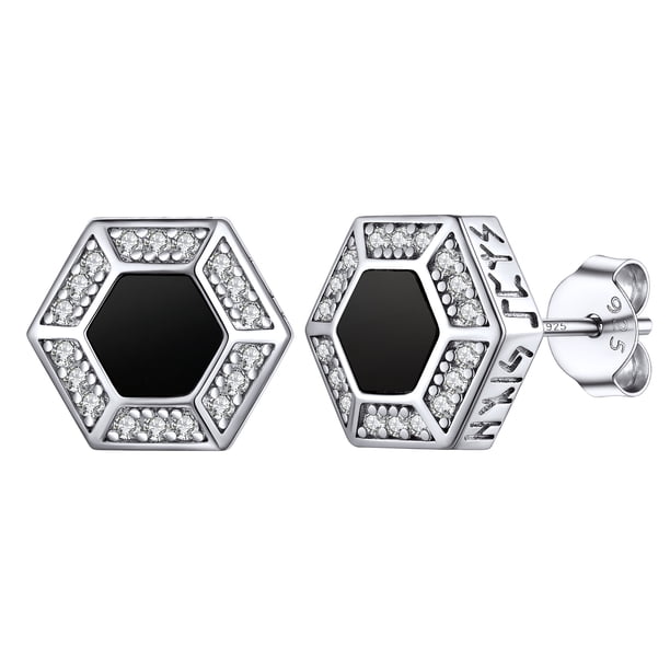 Pendientes hexagonales de Silvora para hombres y mujeres, pendientes de plata de ley 925 Pendientes de botón de ónix negro de runa vikinga nórdica para oreja sensible