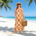 thumbnail image 4 of Women’s Backless Spaghetti Strap Maxi Dress Casual Flowy A-Line Long Dress with Crisscross Tie Back Orange and White Squares, 4 of 6