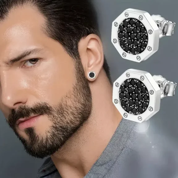Octagon Micro Pave 14K White Gold Plated Cubic Zirconia Men's Stud Earrings
