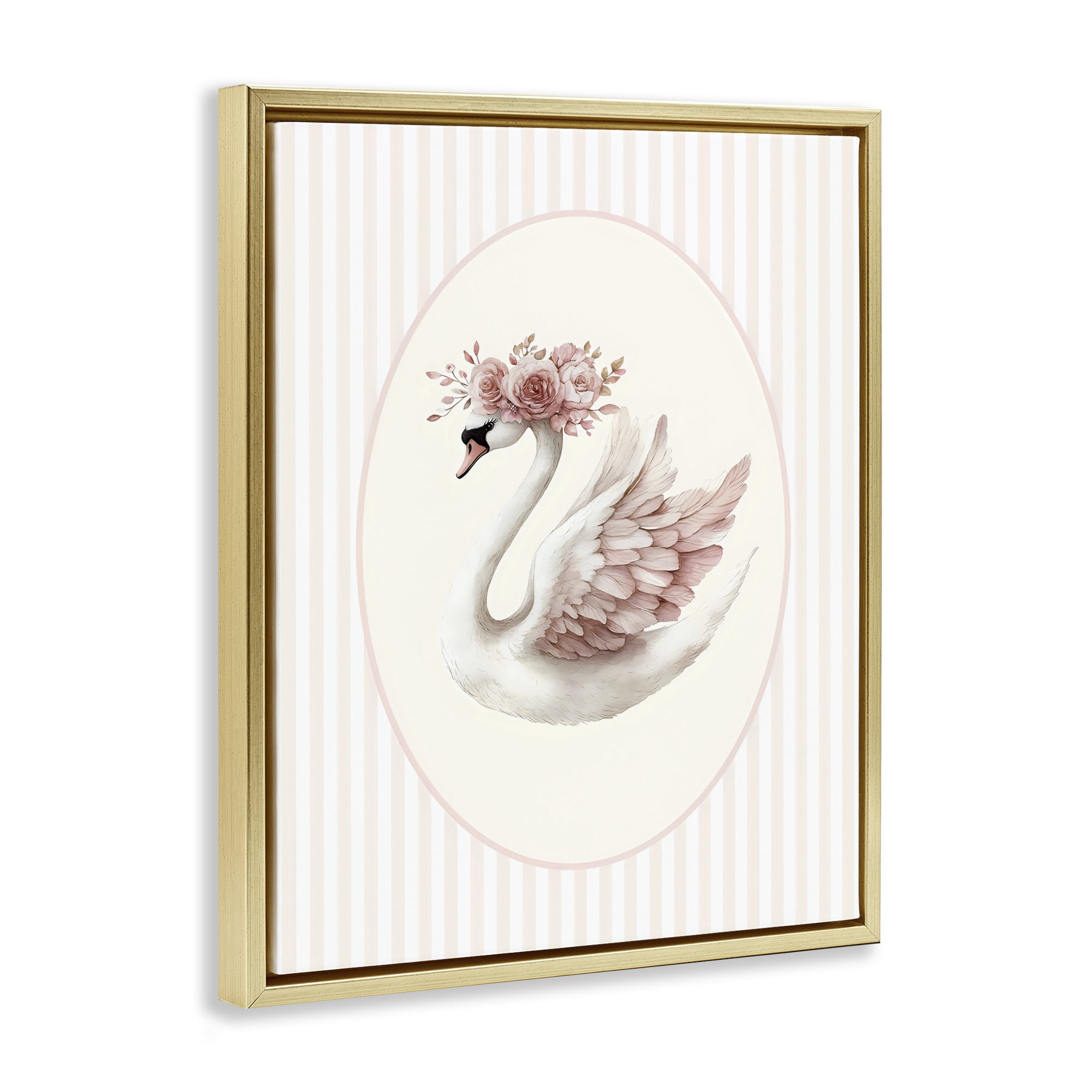 Stupell Industries Nursery Ballerina Swan Striped Gold Framed Floater Canvas Wall Art, design by LSR Design Studio