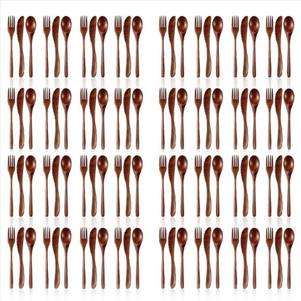 Cuchara de Madera Tenedor Cuchillo Juego de Cubiertos Juego de Utensilios de Madera para Cena Juego de Cubiertos de Madera para Cocina Juego de Cubiertos (96 Piezas)