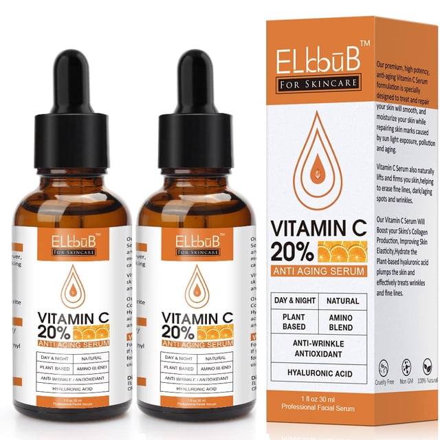 Serum ELBBUB Premium con 20% de vitamina C y ácido hialurónico, paquete de 2