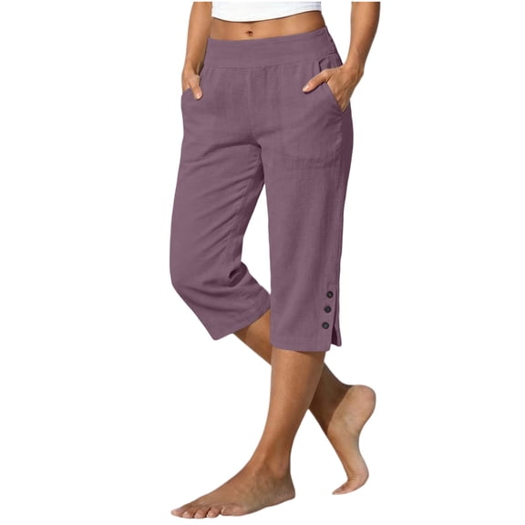 Womens Summer Wide Leg Cottton Linen Capri Pants Casual Elastic Waist Side Button Beach Vacation Pants with Pockets