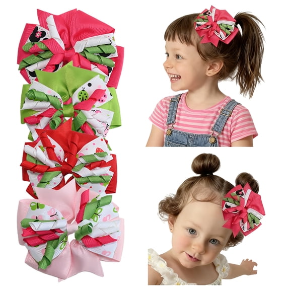 JoyBowie 4 Pcs 3.7inch  Floral & Fruit Print Hair Bows for Girls 3-8 Years, Grosgrain Ribbon Clips for Garden Parties & Daily Hairstyles