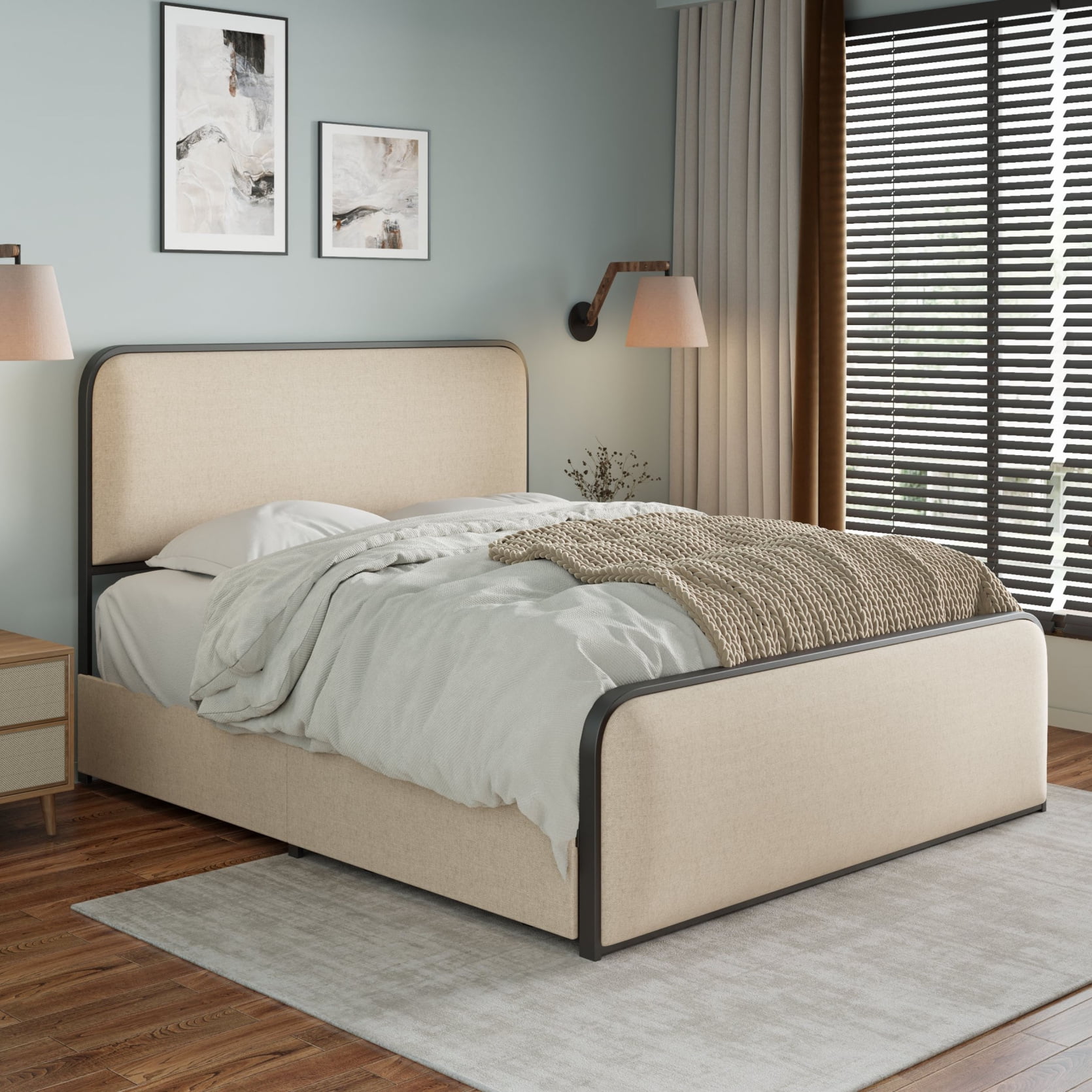Queen Size Metal Bed Frame with Curved Upholstered Headboard and Footboard, Queen Modern Platform Bed with 4 Storage Drawers, Heavy Duty Metal Slats, No Box Spring Needed, Beige