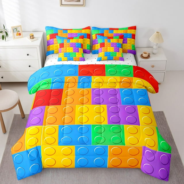 YST 3D Construction 7 Pcs Comforter Set King, Building Blocks Bedding for Toddler, Rainbow Colorful Toy Brick Sheet Set Bed in A Bag Funny Patchwork Geometric Rectangle Duvet Insert