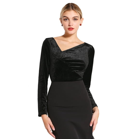 DARING DIVA Women's Asymmetrical Ruched Neck Velvet Blouses S Black
