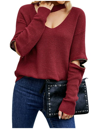 Casual Choker Cutout V Neck Sweaters for Women Trendy Elbow Zipper Long  Sleeve Tunic Tops Dressy Loose Fit Ribbed Pullovers at  Women's  Clothing store