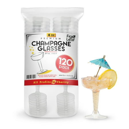 Heart Toasting Flutes - Fig & Leaf (120 Count) Premium Hard Plastic Two Piece 4-Ounce Champagne Glasses l Crystal Clear Champagne Coupe Flute Perfect for Wedding Toasting Mimosas Moscato Cocktails