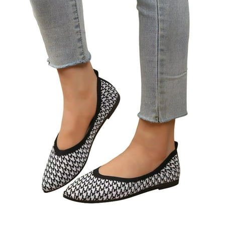 

UKAP Women Flat Shoes Mesh Casual Shoe Slip On Flats Comfort Knit Upper Loafers Ladies Pointed Toe Anti-Slip Black And White 9