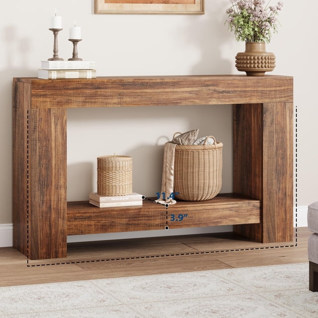 Farmhouse Console Dining Table, 2-Tier Long Sofa Table with Open Storage for Living Room, Hallway, Foyer, Narrow Entryway Table, Easy Assembly