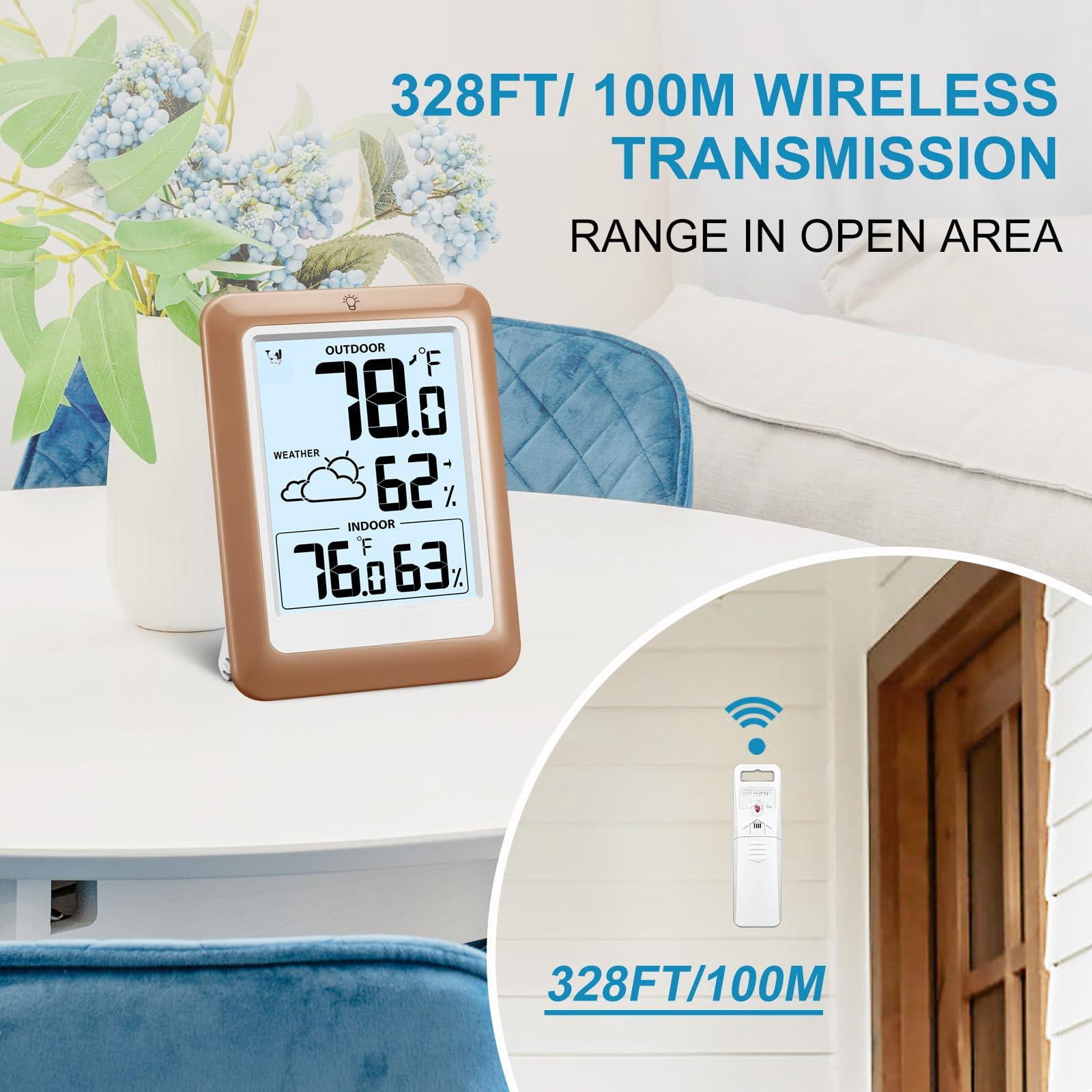 Indoor Outdoor Wireless Weather Station  Internal External Hygrometer Home Batteryoperated Temperature Humiditymonitors330 Feet (about 100 Meters) Backlight Display (khaki)