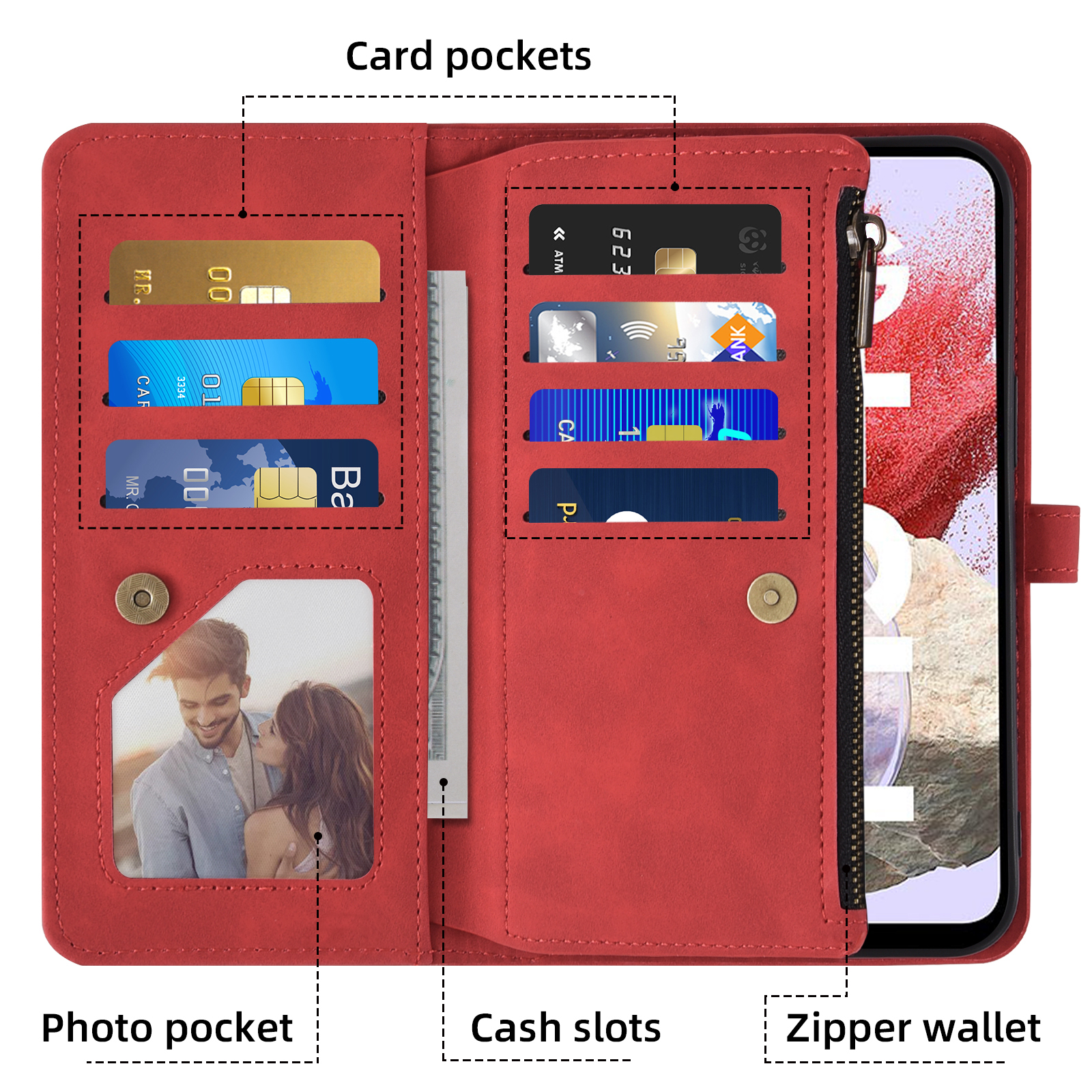 Asuwish Phone Case for Samsung Galaxy A25 5G/A24 4G/M34 /F34 Wallet Cover With Tempered Glass Screen Protector Crossbody Wrist Strap Flip Pattern Zipper Credit Card Holder Cell A 25 25A 24A LTE Red