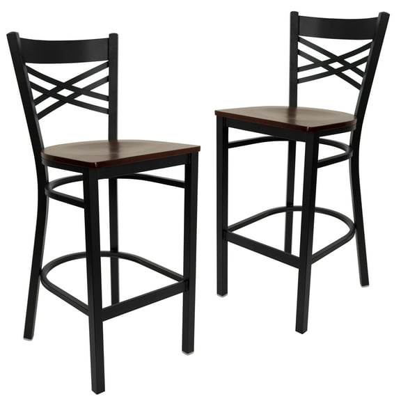 Flash Furniture 2 Pk. HERCULES Series Black ''X'' Back Metal Restaurant Barstool - Mahogany Wood Seat