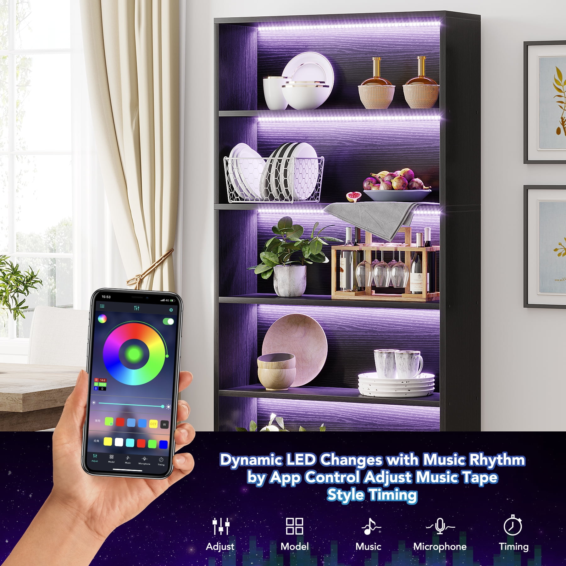 Tribesigns 70.8" Tall Bookcase with LED Lights, 5-Tier Large Bookshelf Heavy Duty Bookcases Organizer Free-Standing Library Bookshelf, Black