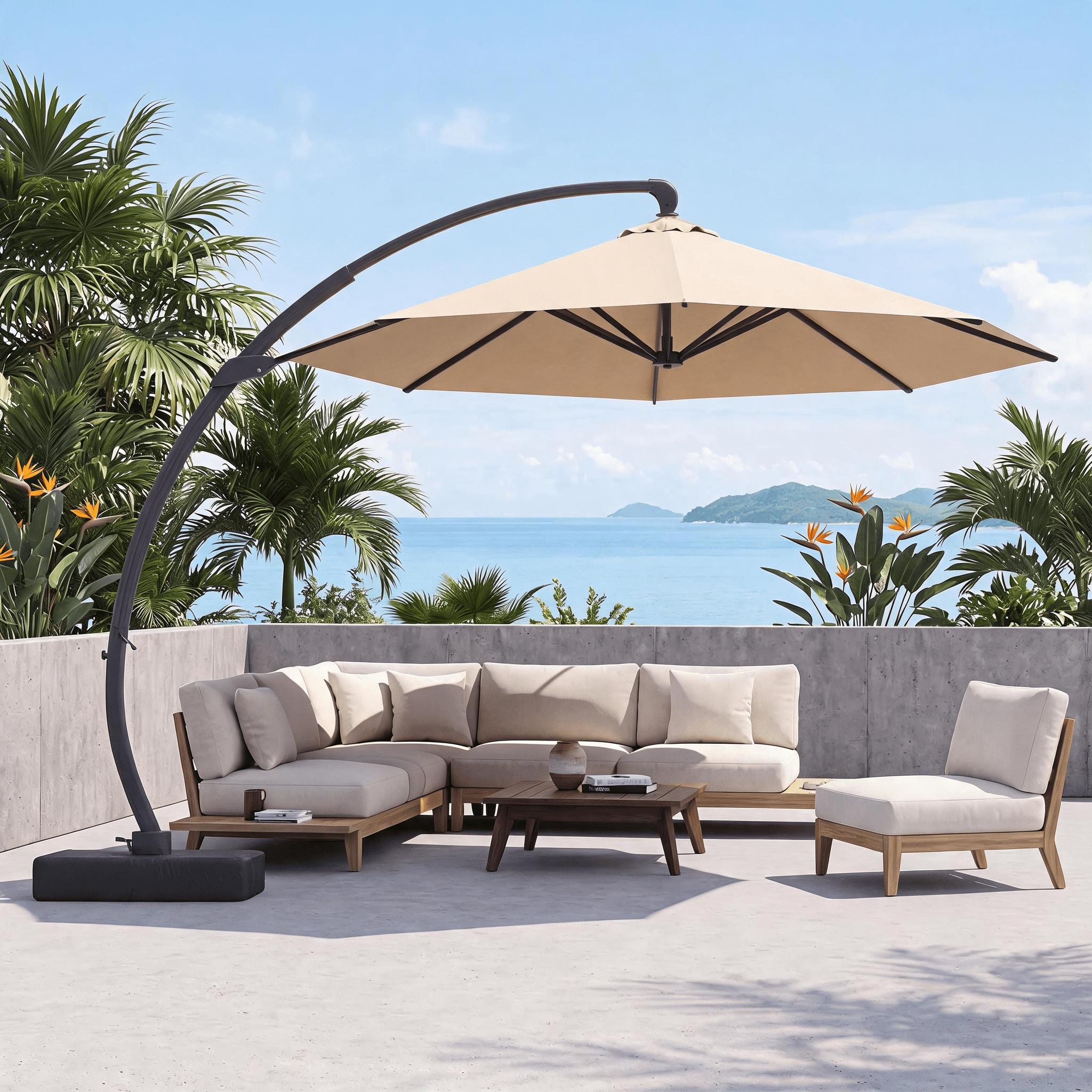 BaPiPro 11FT Offset Cantilever Patio Umbrella with Solar LED, 360° Rotation Tilt Adjust, UV Canopy Top Vent, Weighted Base Included, Beige Outdoor Sun Shade Backyard Pool Garden Deck