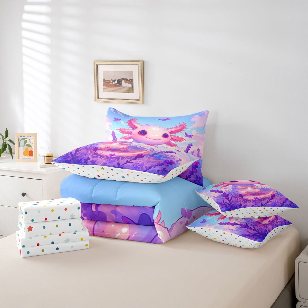 Homewish Cute Cartoon Axolotl 7 Pieces Bedding Comforter Set,Flower Butterflies Pattern Full Bedding Set,Purple Floral Pink Salamander Fitted Sheet Flat Sheet For Girl,Luxury Bedroom Decor Reversible