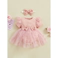 thumbnail image 3 of Musuos Baby Girl Valentine's Day Jumpsuit with Bow Headband 3 6 12 18 24M Short Sleeve Tulle Mesh Ribbed Patchwork Romper Dress, 3 of 10