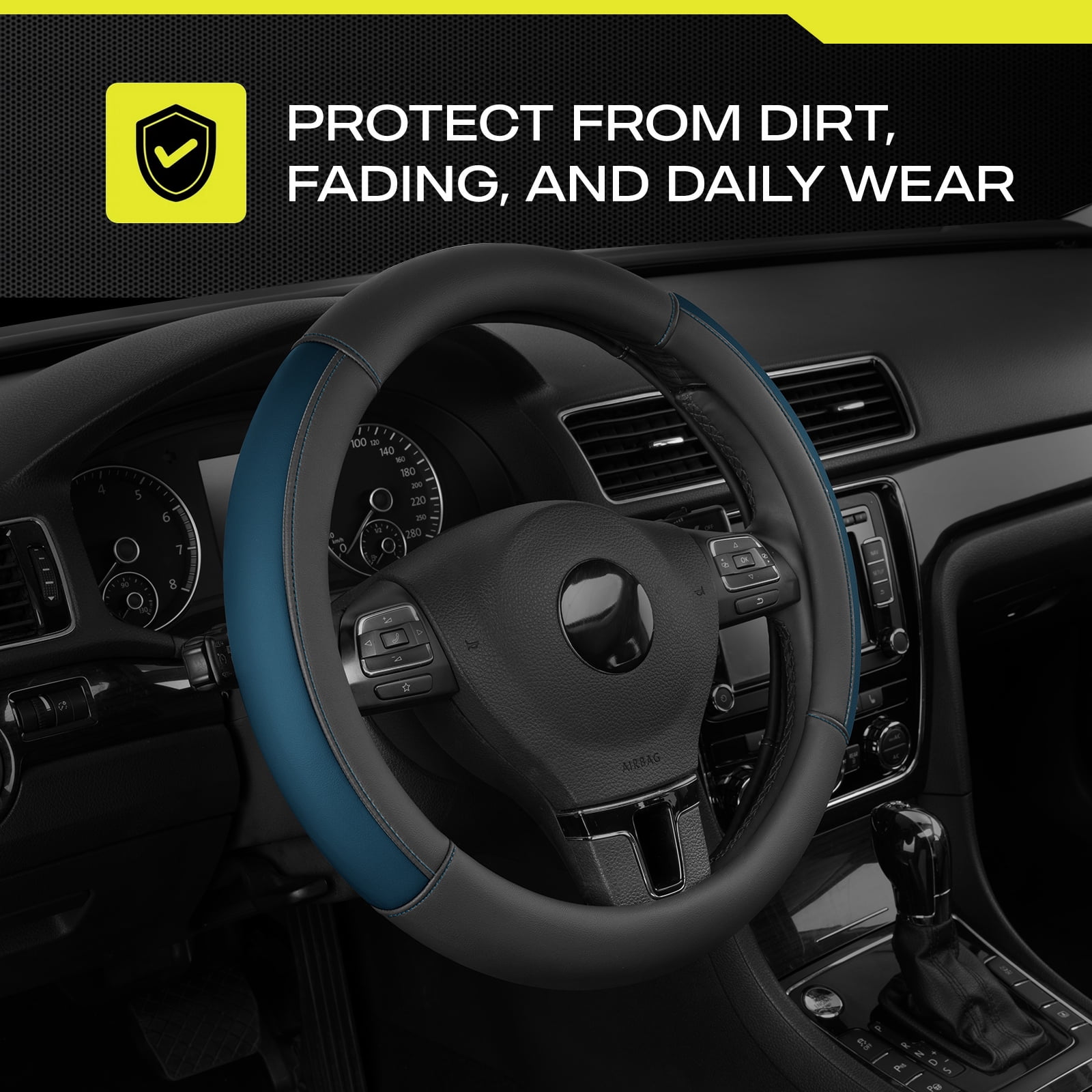 Auto Drive Steering Wheel Cover, Two-Tone Leather Steering Wheel Cover, Non-Slip Car Steering Wheel Cover Protector, Universal Fit for Cars SUV Truck, Fits 14.5"–15",Blue