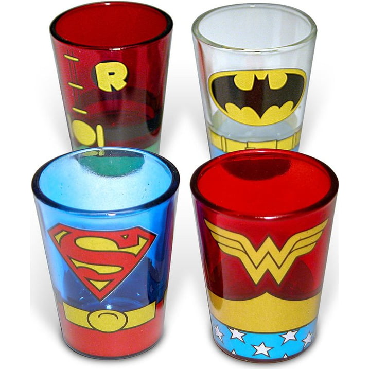 DC COMICS BATMAN & SUPERMAN COMIC COVERS 4 Piece 1.5oz BOXED SHOT GLASS SET 