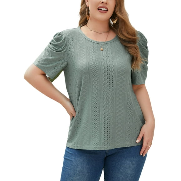Daeful Femmes Plus Size Tops T-shirt Oeillet Dailywear Puff Sleeve Casual Été T Shirts Vert 4XL