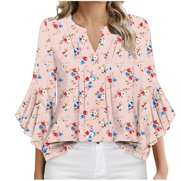 DeHolifer T-Shirts for Women Floral Printed V-Neck 3/4 Sleeve Summer Casual Dressy Tee T-Shirts Pink L