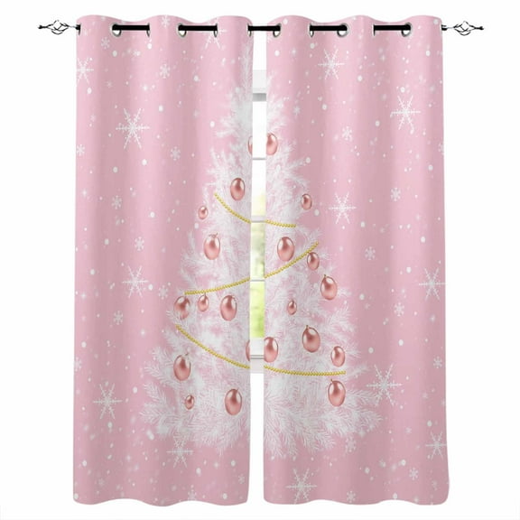 Hokiten Pink Christmas Tree Blackout Curtains | Light Blocking Print Window Curtains, Winter Balls Snowflake Xmas Tree Thermal Insulated Window Drapes for Living Room Kitchen (2 Panels, 55"W x 39"L)