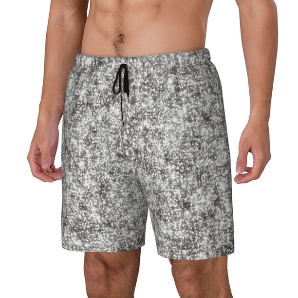 Balery Silver Glitter Bañador para hombre, shorts de playa de secado rápido con entrepierna y forro de compresión-Large