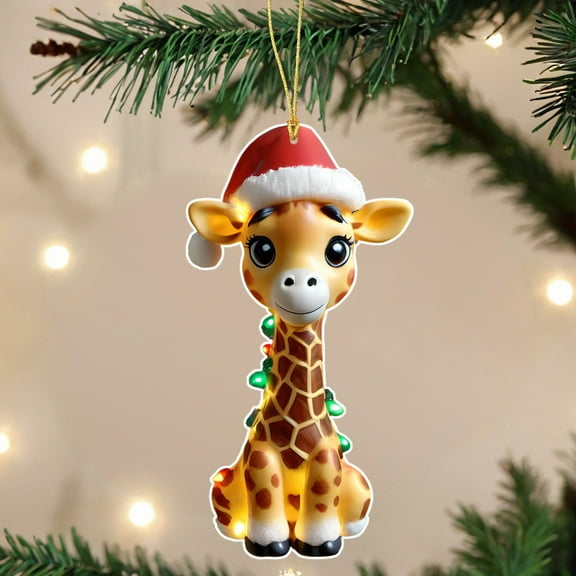 DAMAI 2D Acrylic Giraffe Festival Ornament Hanging Decor,Giraffe with Santa hat Christmas Ornaments for Christmas Tree Party Room Animal Themed Decorative Accent