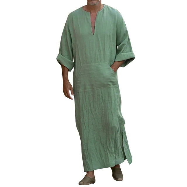 T-Shirts pour Homme Col en V Lin Manches Longues Kaftan Thobe Longue Robe Décontractée Verte Automne Haut Taille P