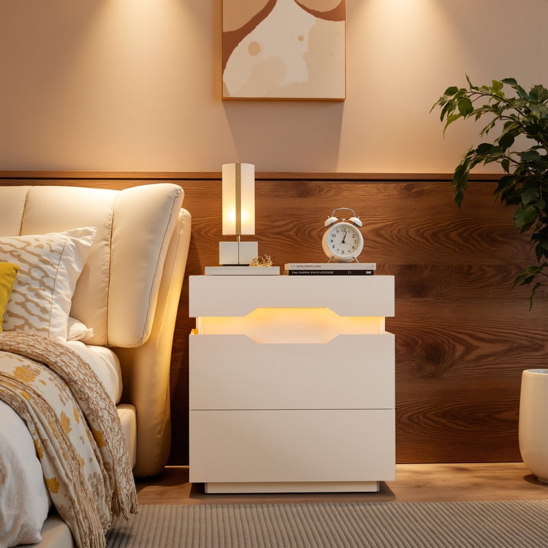 Vineego LED Nightstand with Charging Station, End Table Beside Table with 2 Drawers & Sliding Top for Bedroom Living Room,White