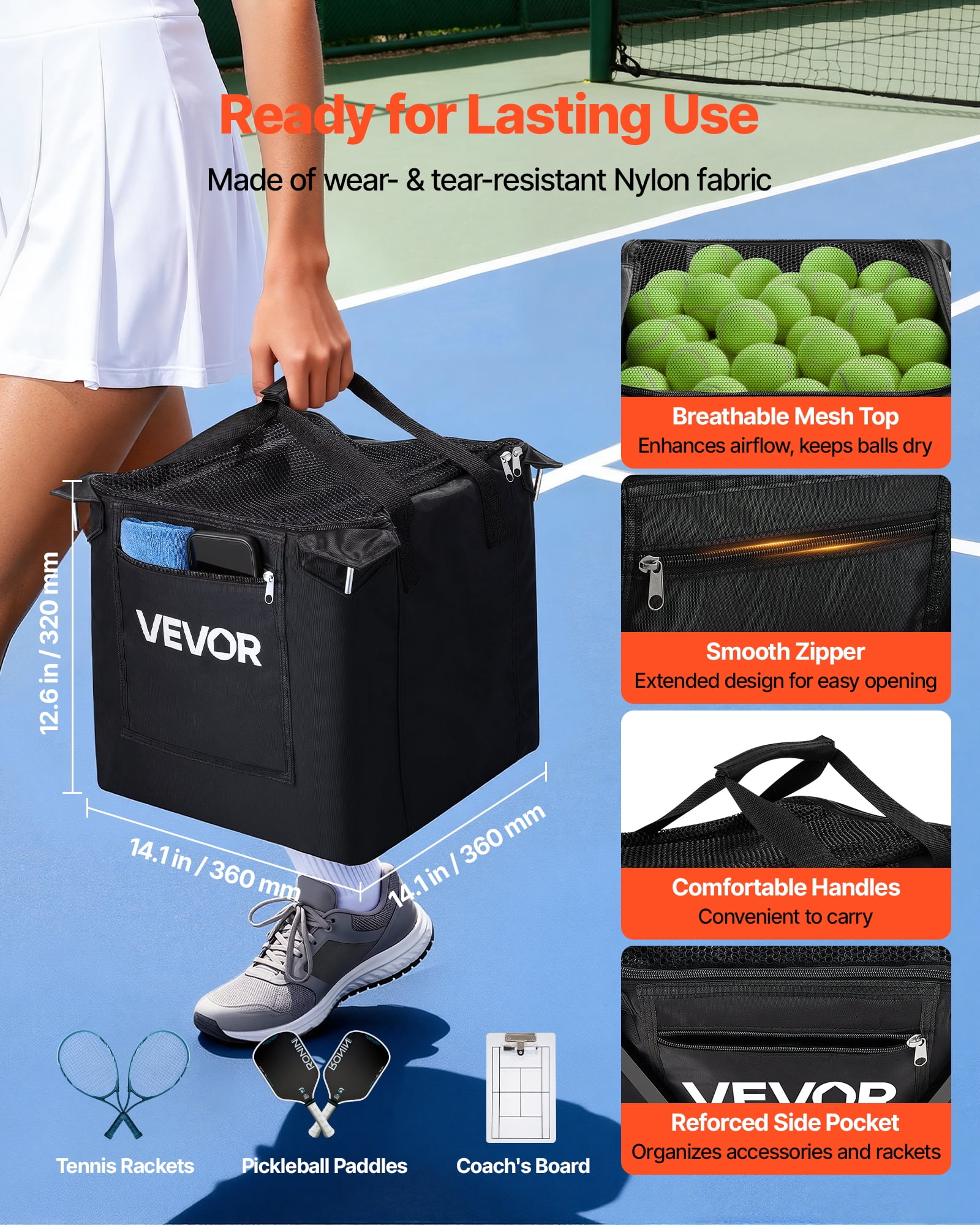 VEVOR Tennis Ball Hopper, Holds 150 Tennis Balls, Foldable Pickleball Basket Cart with Wheels for Easy Pick Up, Lightweight Aluminum Alloy, Portable Pickleball Caddy with Storage Bag, for Training