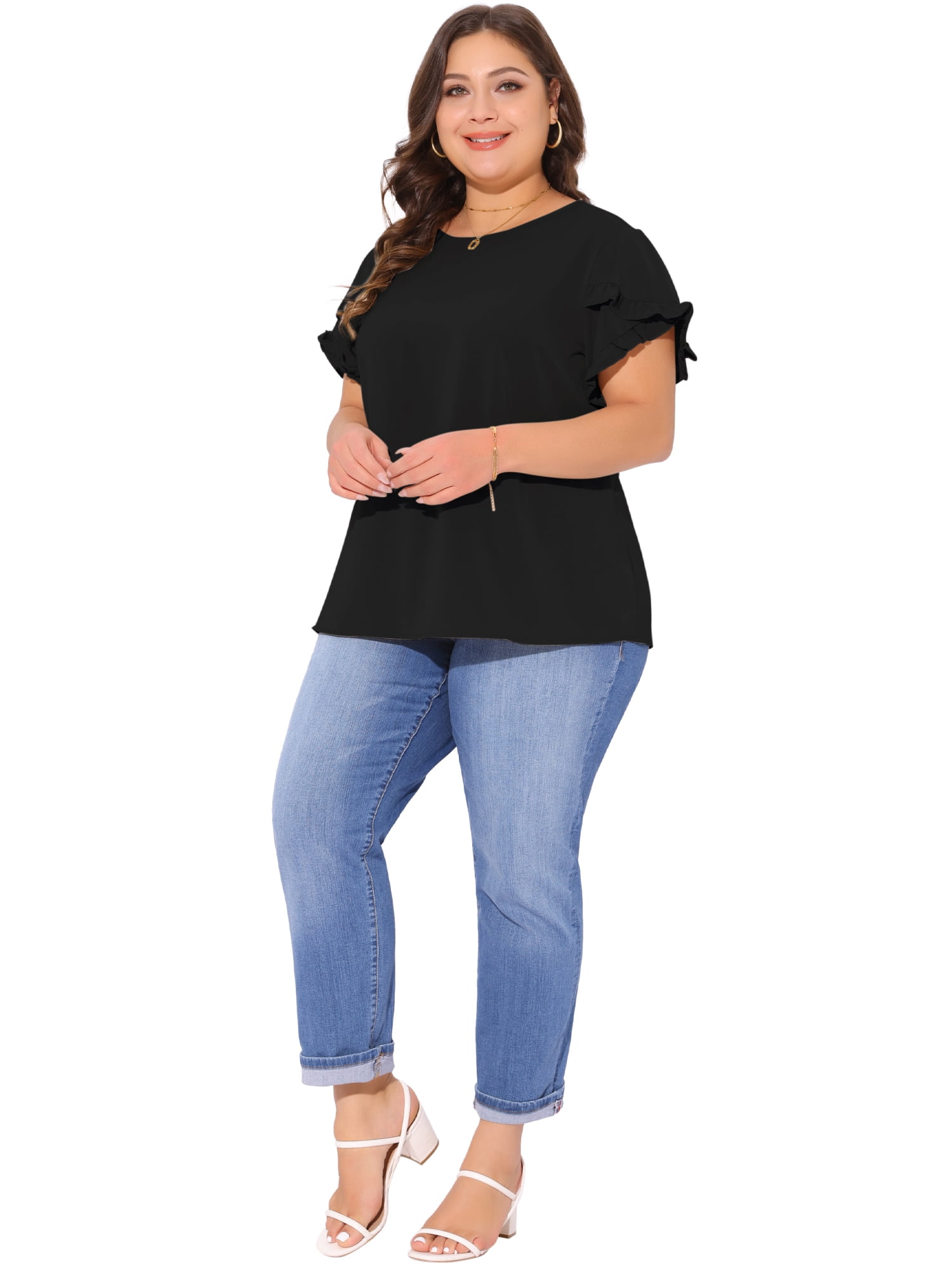 DARING DIVA Women's Plus Crew Neck Ruffle Blouse 2X Black