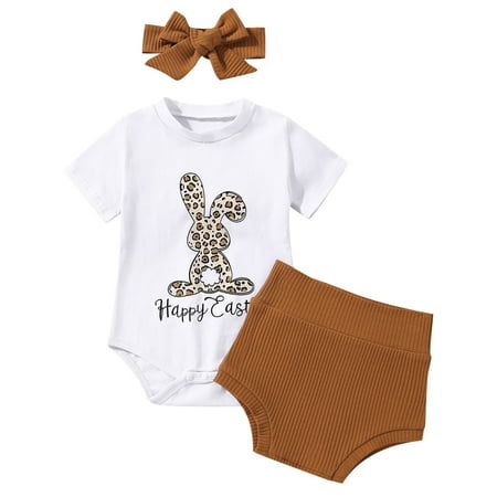 

Easter Baby Girls Short Sleeve Leopard Bunny Print Romper Tops Shorts Solid Pants With Headbands 3PCS Outfits Set Girls Outfits Size 14