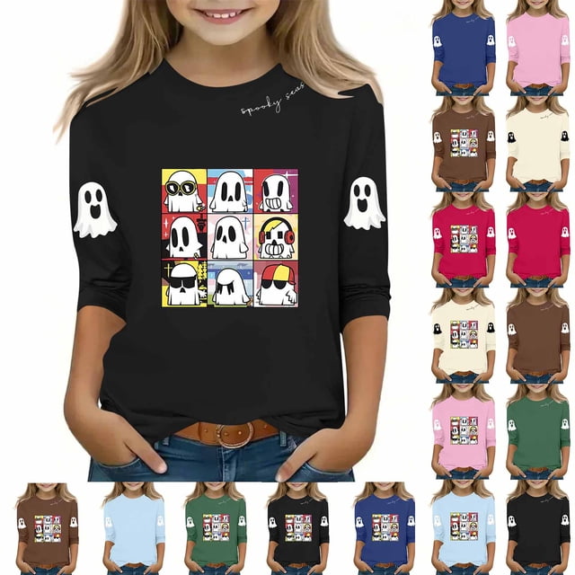 MKOSPLRT T-Shirts d'Halloween pour Enfants Filles Garçons Manches 3/4 Col Rond T-Shirts Graphiques Amusants Décontractés Amples pour Sortir T-Shirts Rentrée des Classes