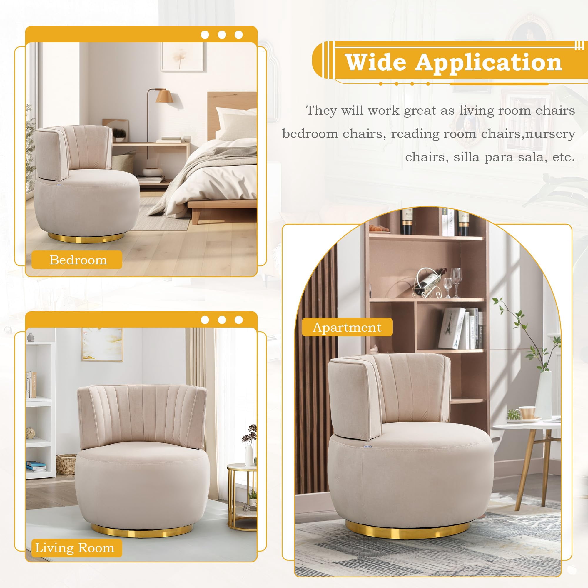 Aukfa 360-Degree Swivel Barrel Chair, Modern Velvet Round Accent Chair for Nursery and Living Room, Beige