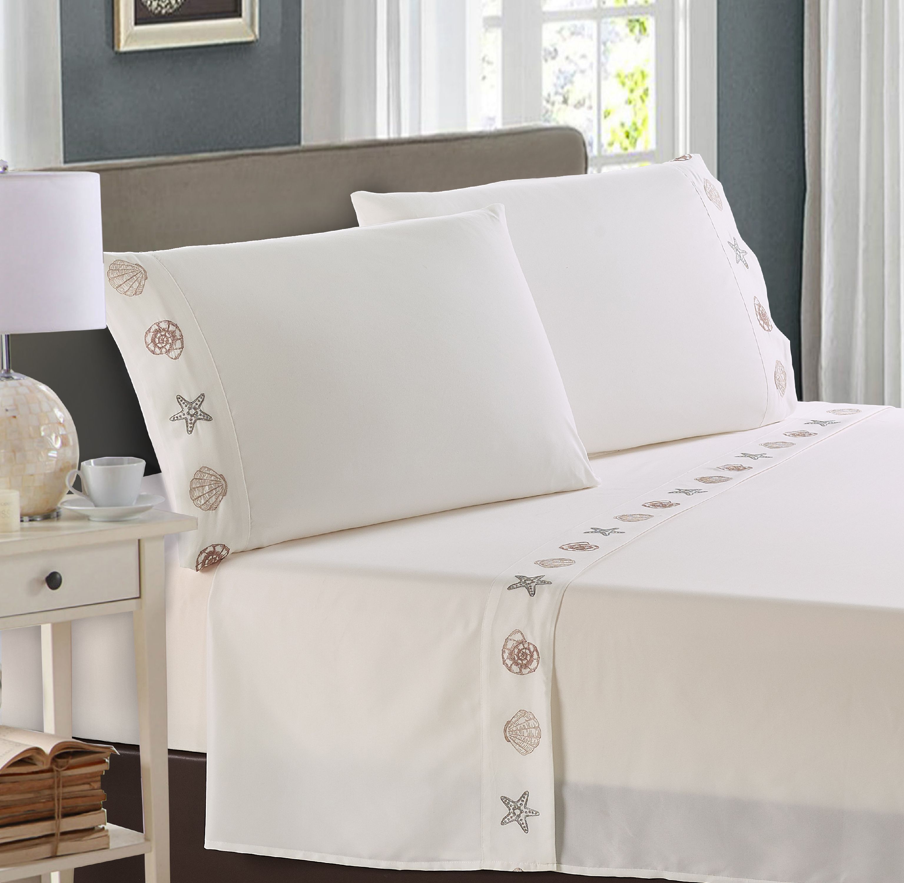 Gold & Silver Shell Embroidered 4-piece Sheet Set King