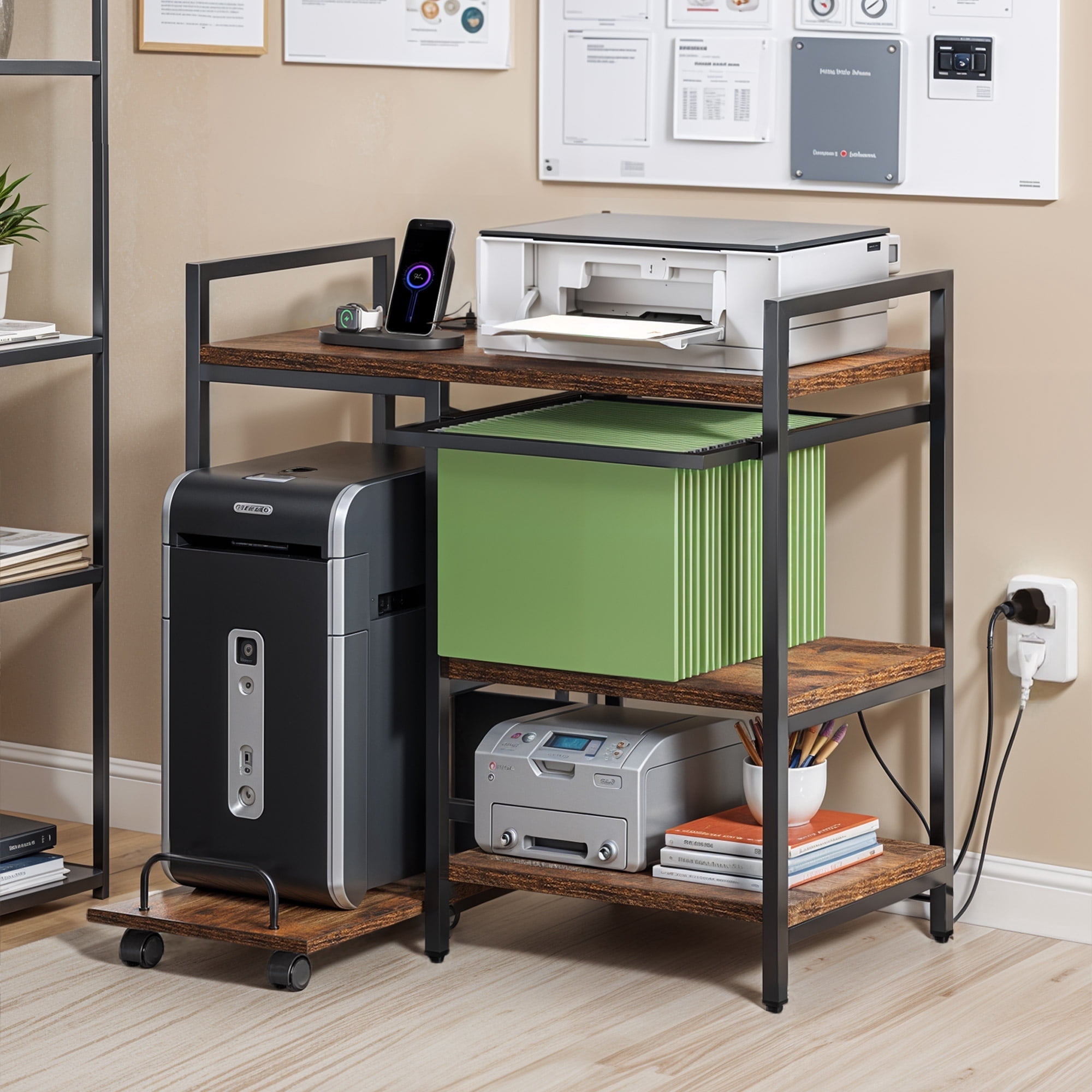 ModFusion File Cabinet with USB Charging Station, Rolling Rack with Wheels, Adjustable Feet, Printer Shredder Stand Storage, Home Office Organizer, Rustic Brown