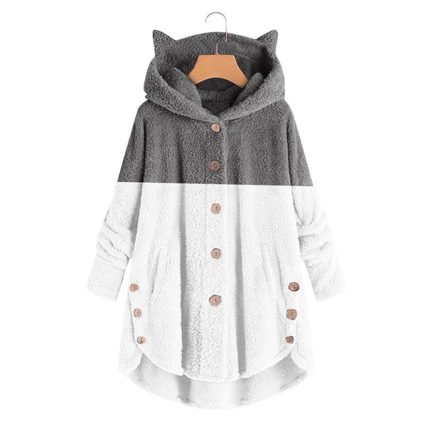 Puntoco Mujer Botón Felpa Tops Capucha Suelta Cárdigan Color Sólido Patchwork Abrigo Chaqueta Puntoco Puntoco-1