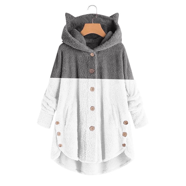 Qertyioot Women's Open Front Cardigan Women Button Plush Tops Hooded Loose Solid Color Patchwork Coat Jacket