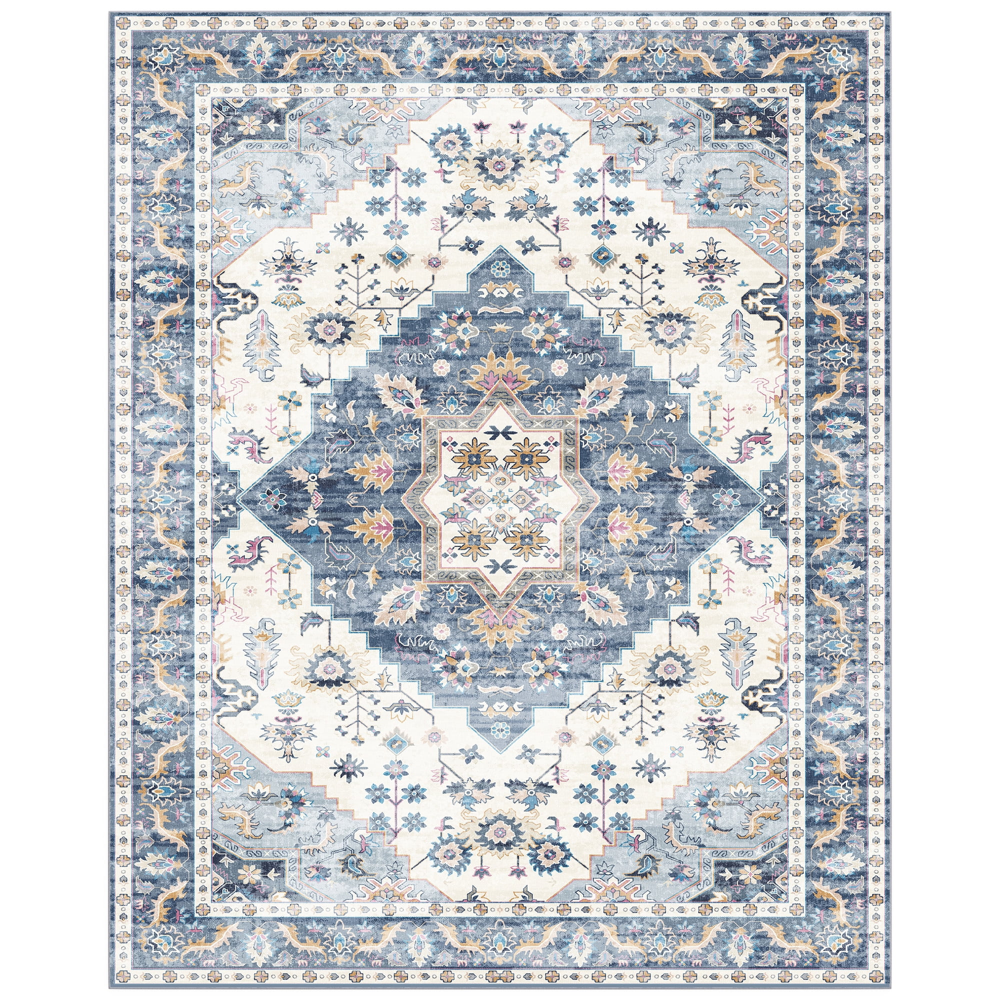 Nefoso 8ft x 10ft Vintage Area Rugs, Washable Area Rugs for Living Room Bedroom Kitchen Home Decor, Non-Slip Carpet, Blue & Beige