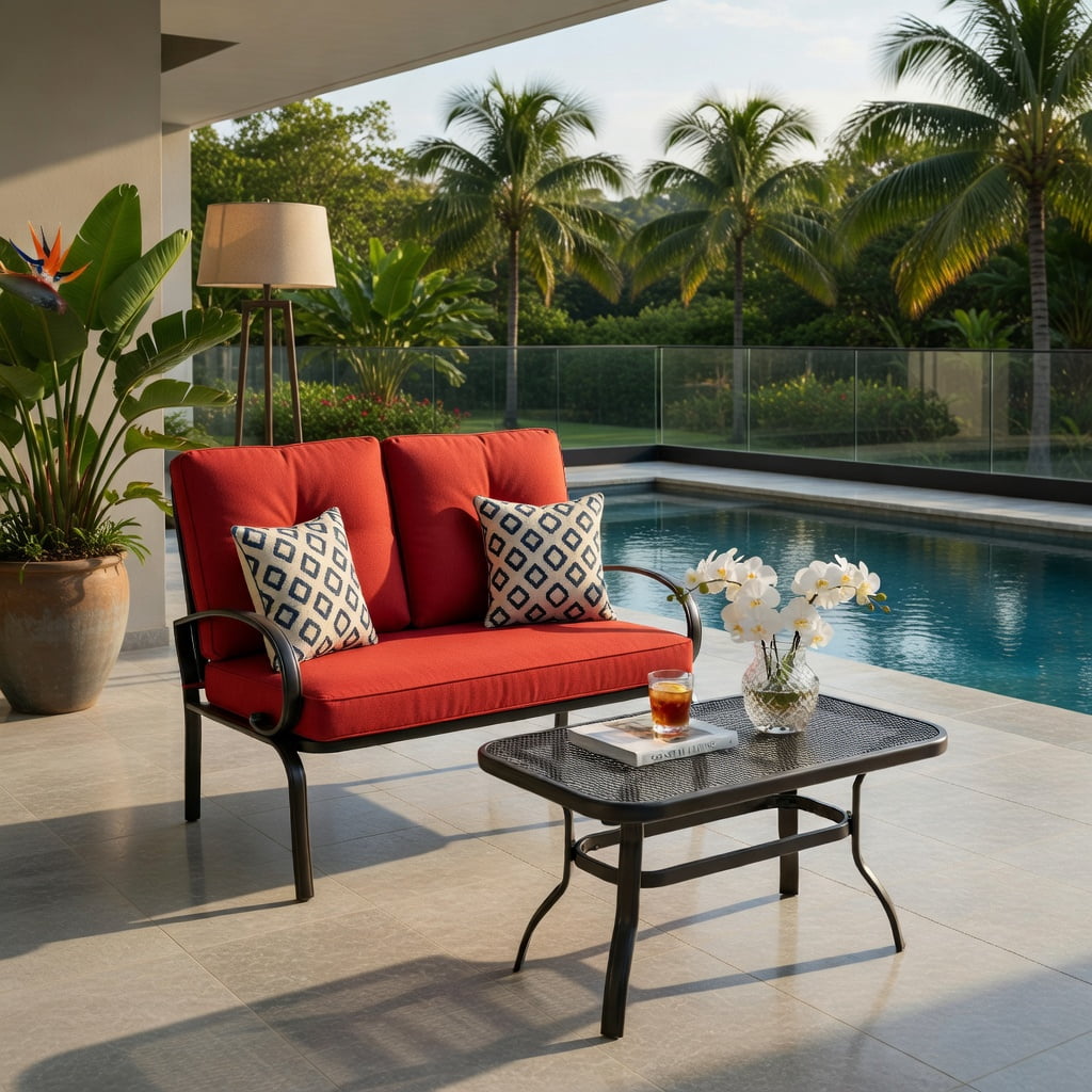 Hommoo 2-Piece Outdoor Patio Furniture Set, Cushioned Steel Loveseat & Coffee Table, 4" Thick Cushions, Easy Assembly, Red