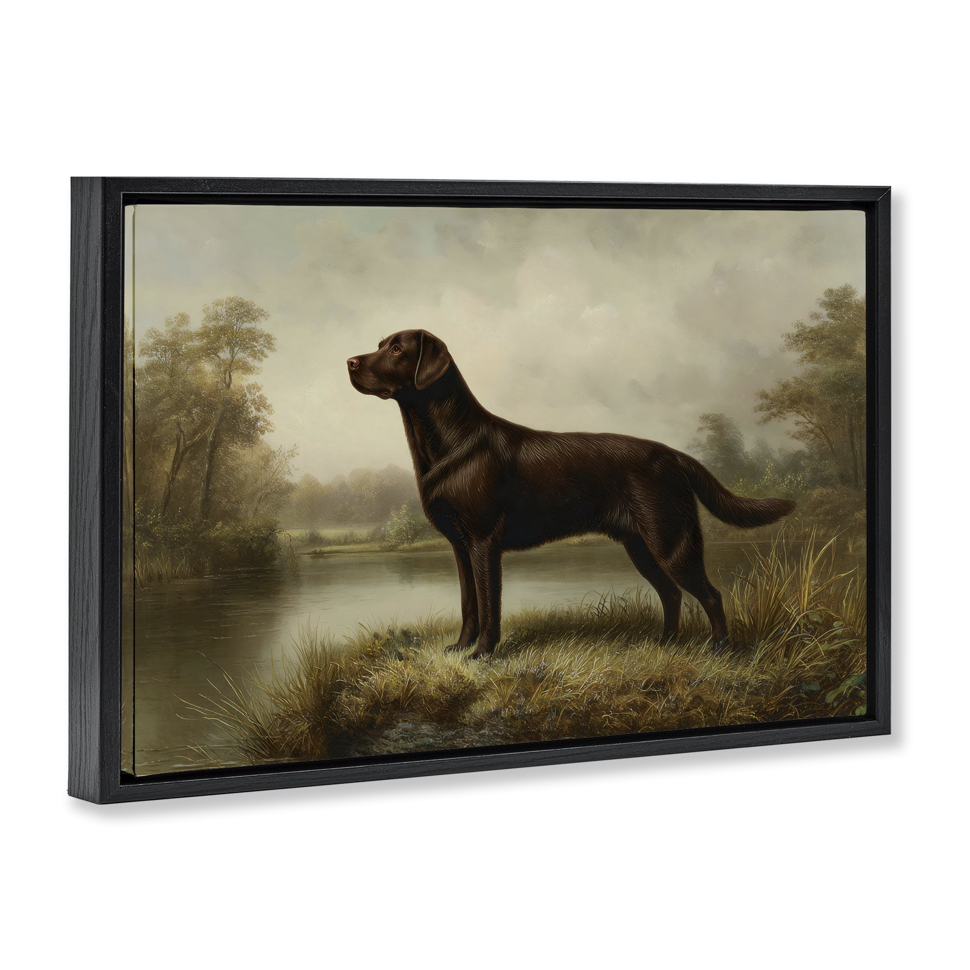Stupell Industries On Alert Chocolate Lab Black Framed Floater Canvas Wall Art, design by Petal Prints Design