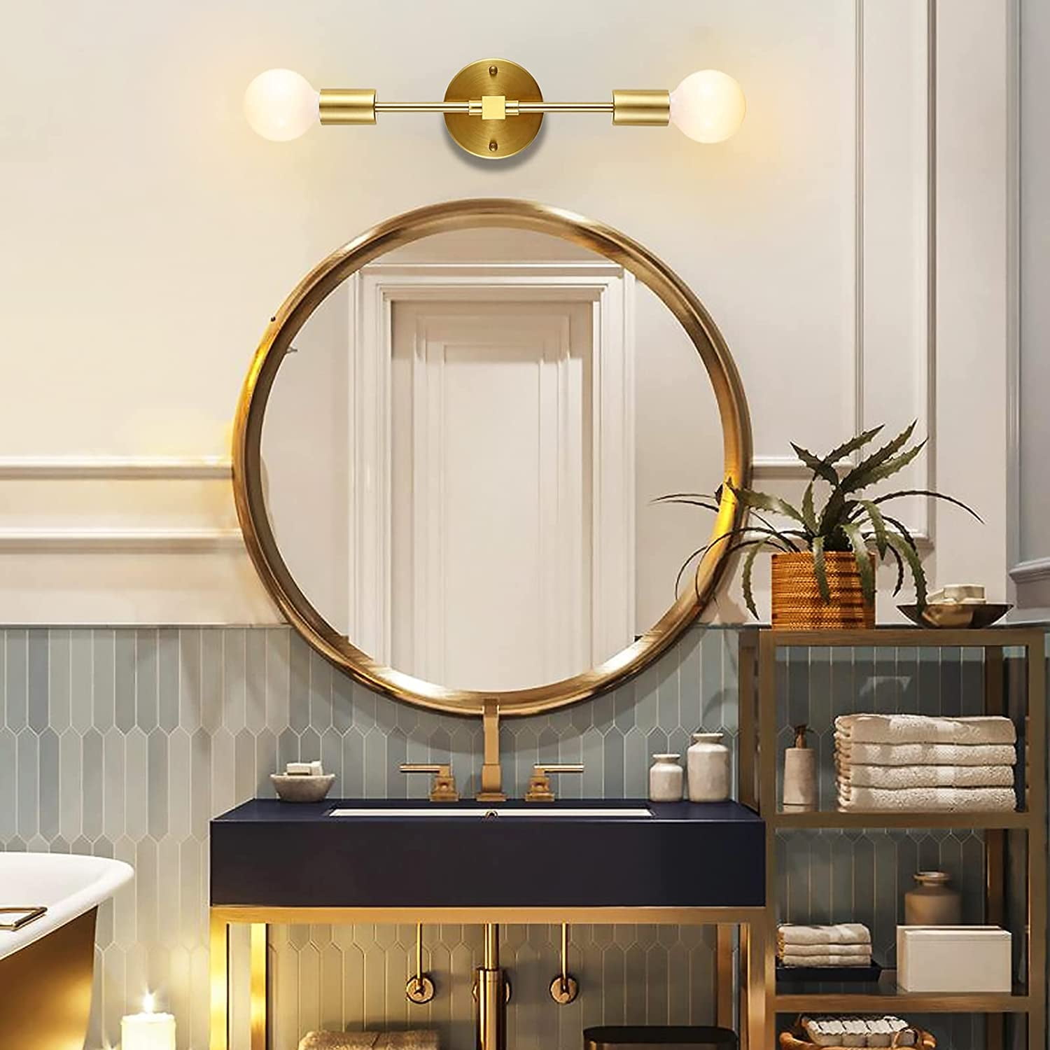 LNGOOR Wall Sconce 2 Lights Bathroom Vanity Modern Industrial Wall Lamp Wall Mount Lighting Fixture, Gold