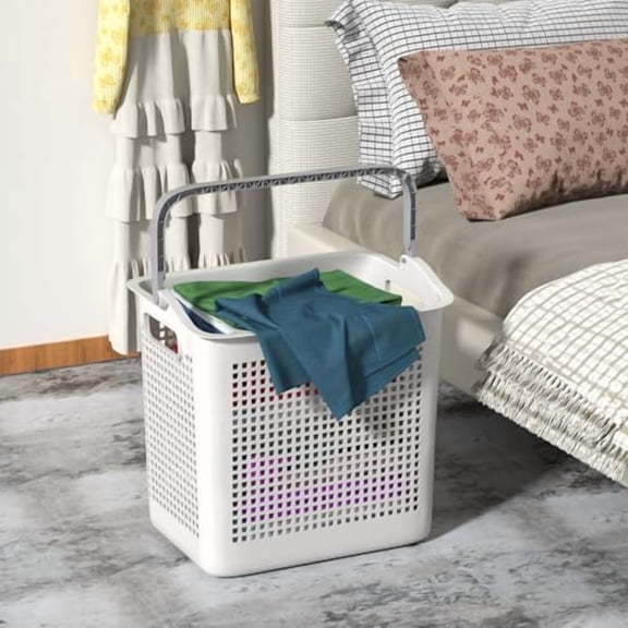 Pack of 4 Plastic Laundry Hamper Basket, Dirty Clothes Storage Hamper Bin with Handle, White