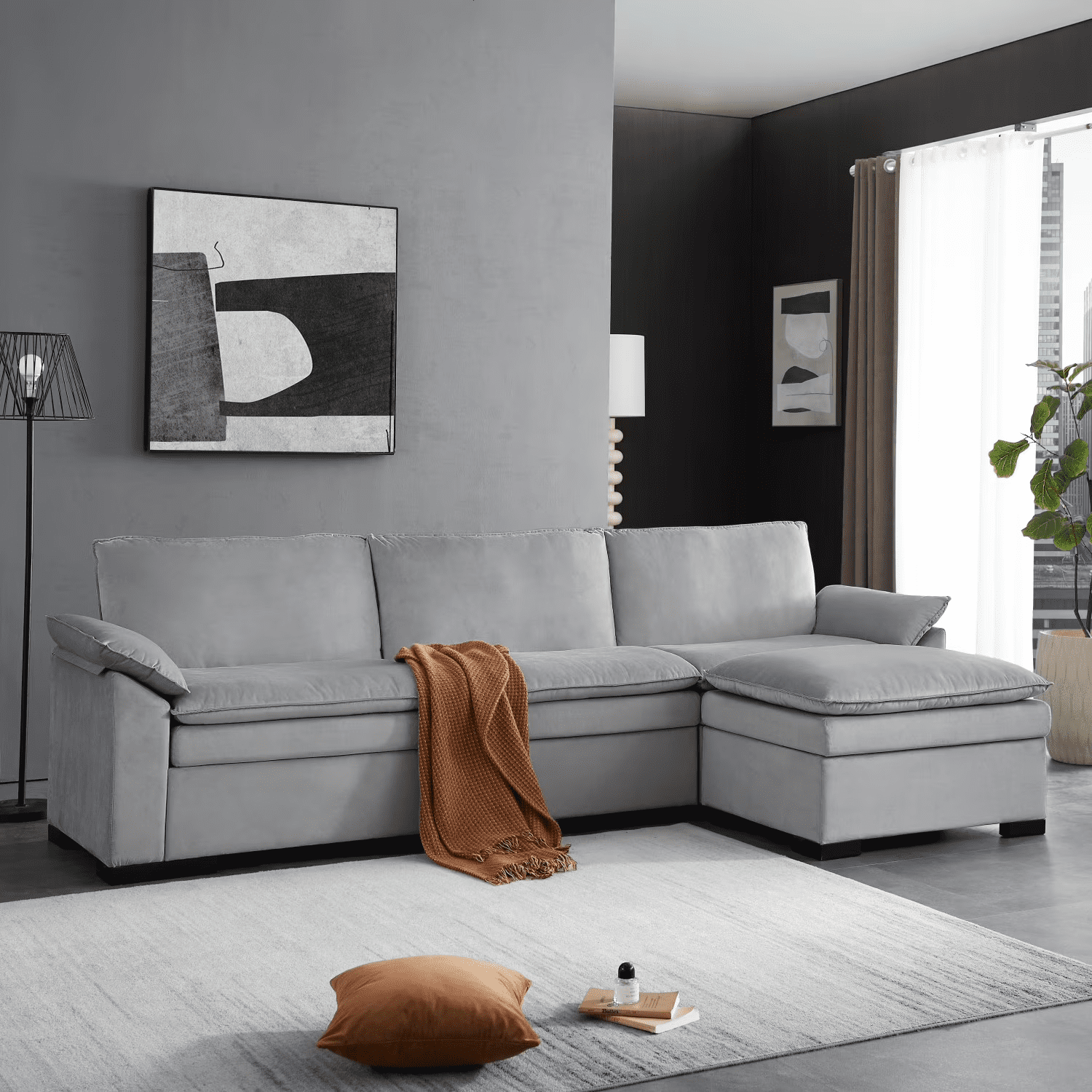 Gewnee 117.7" L - Shaped Velvet Modular Ultra Deep Seat Sectional Sofa, Super Comfy 3 -Seater with 1 Ottomans for Living Room