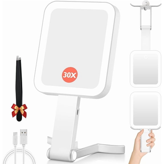 MY Magnifying Travel Mirror with Light, 30X/1X Double-Sided Magnifying Mirror with 3 Color Lights, Brightness Adjustable, Foldable Handheld Makeup Mirrors Portable for Travel and Desktop Use